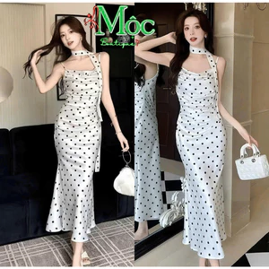 QC_Đầm váy dài Tuyết Nhung cao cấp họa tiết chấm bi thiết kế ôm dáng tôn eo mặc đi tiệc dạo phố