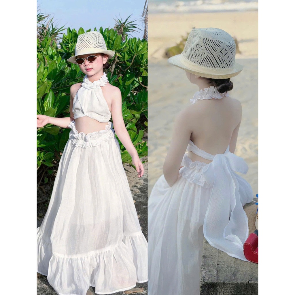 Set váy maxi bé gái 2 mảnh áo yếm cổ bèo chân váy dài xoè tầng nhẹ nhàng, đồ đi biển chụp ảnh xinh cho bé mùa hè