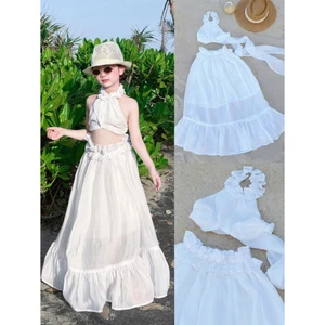 Set váy maxi bé gái 2 mảnh áo yếm cổ bèo chân váy dài xoè tầng nhẹ nhàng, đồ đi biển chụp ảnh xinh cho bé mùa hè