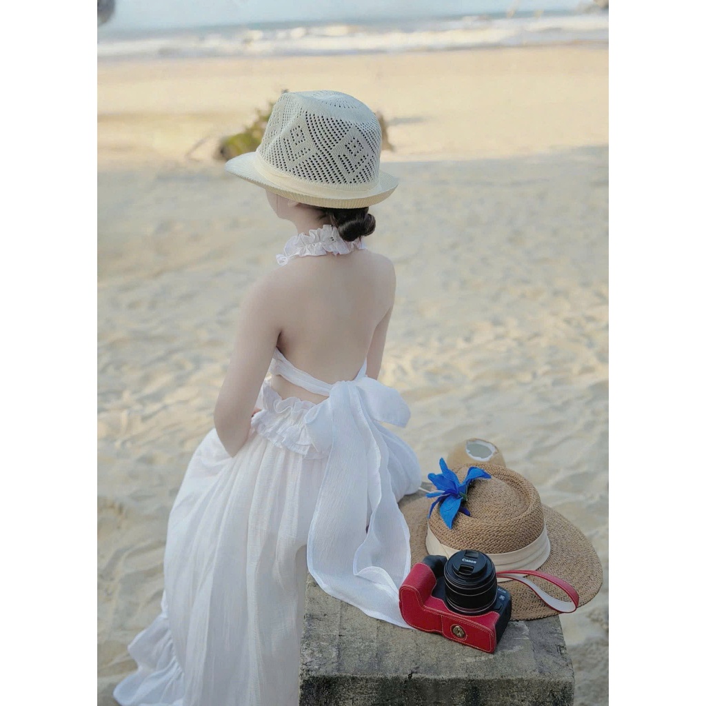 Set váy maxi bé gái 2 mảnh áo yếm cổ bèo chân váy dài xoè tầng nhẹ nhàng, đồ đi biển chụp ảnh xinh cho bé mùa hè