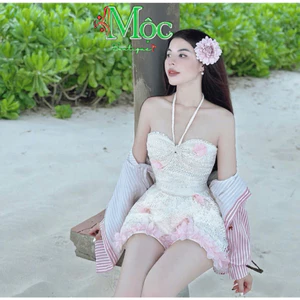 Set đi biểnđồ liền thân cộc Ren thêu đính bông có mút ngực kèm áo khoác Đũi soc xinh xắn