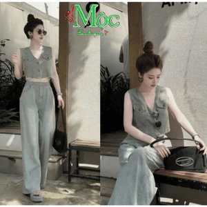 Set bộ Jean, set áo quần Jeans Quảng Châu loang áo gile croptop cổ V cài nút kèm quần ống suông