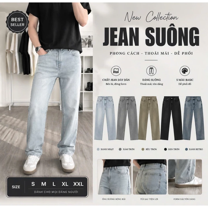 Quần jean nam ống suông trơn 5 màu phong cách trơn đơn giản
