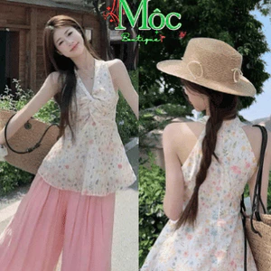 Set đi biển, đồ nữ đi chơi du lịch hè áo cổ yếm Tơ Ren thêu hoa nổi mocking sau mix quần dài Đũi