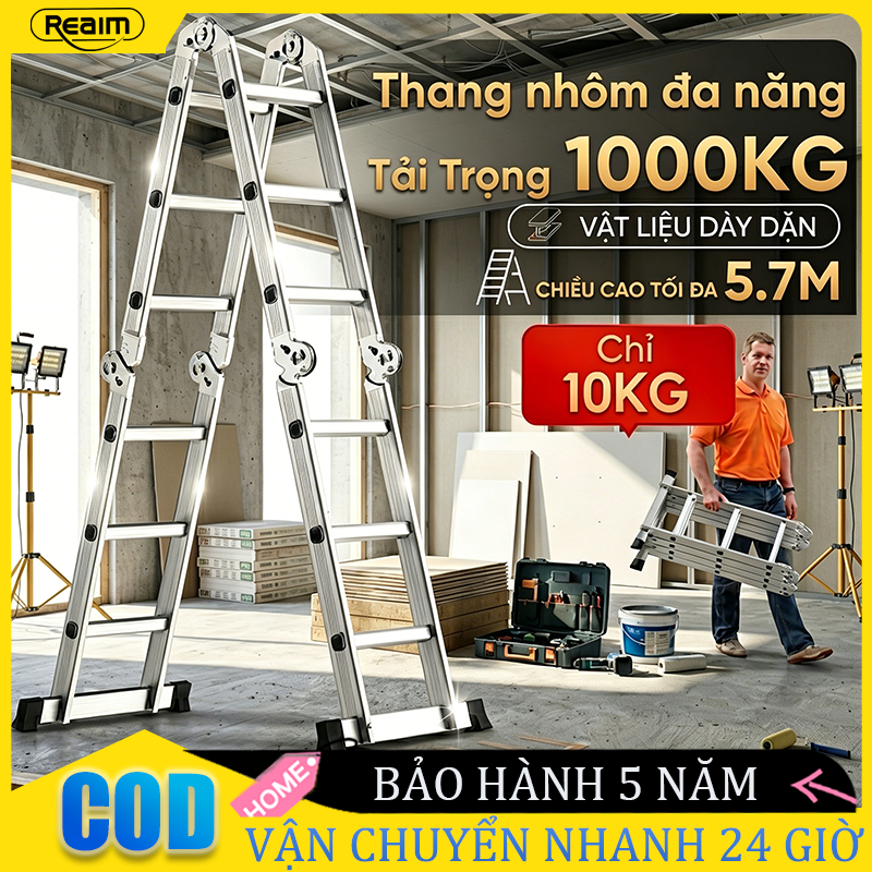 Thang nhôm gấp 4 đoạn 14 tư thế sử dụng 3.7M-5.7M Gấp 4 nấc Nhập Khẩu đa năng xếp gọn Bảo hành 24 tháng