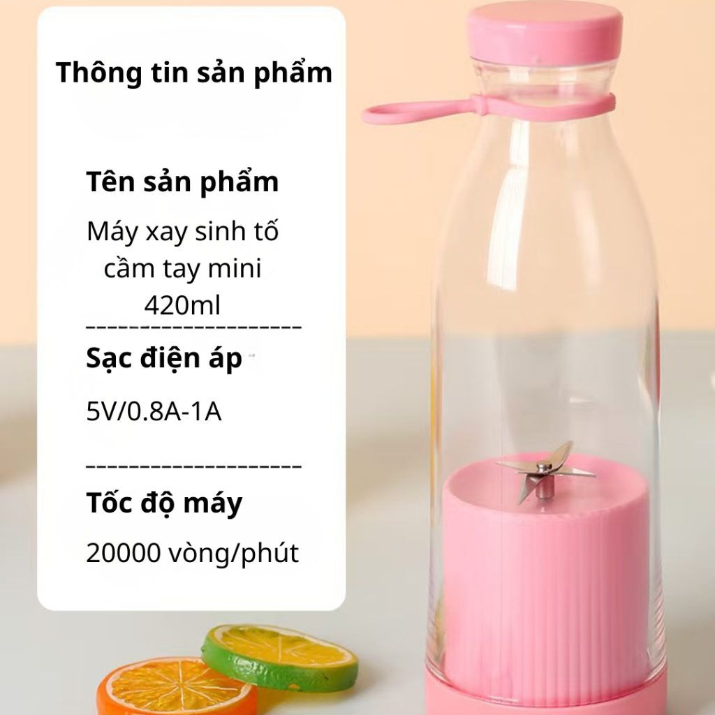 Máy Xay Sinh Tố Mini 420ml Nội Địa Cao Cấp Sạc USB Tiện Lợi, Xay Trái Cây Nhanh, Nhỏ Gọn Mang Đi