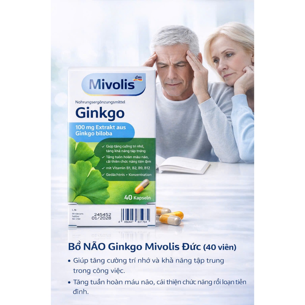 Viên uống bổ não Mivolis giúp tăng cường trí nhớ, giảm căng thẳng, đau đầu, hộp 40 viên