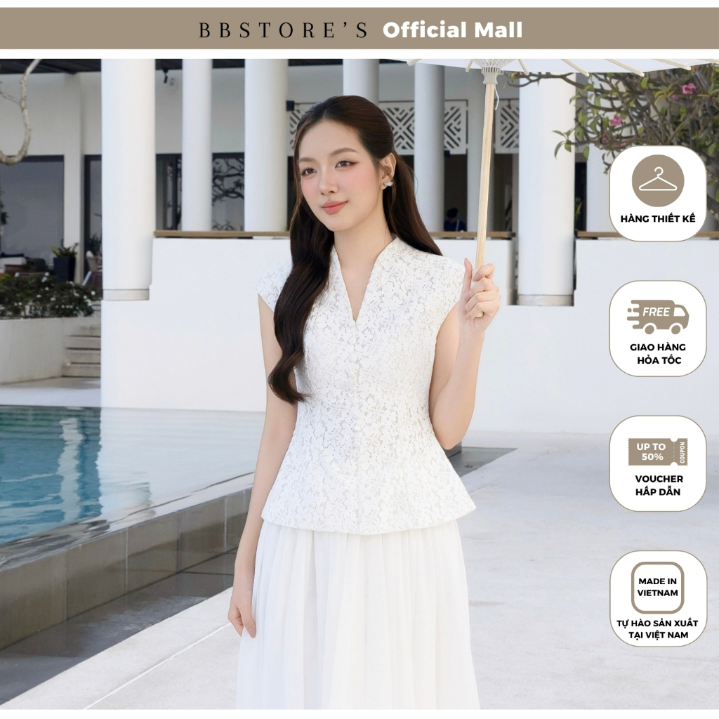 BBSTORE'S Áo Kiểu Tiệc Nữ Cổ V Ren Cotton Dáng Peplum Tay Cap Tiểu Thư Sang Trọng Sang Chảnh - AAE08A
