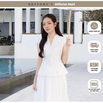 BBSTORE'S Áo Kiểu Tiệc Nữ Cổ V Ren Cotton Dáng Peplum Tay Cap Tiểu Thư Sang Trọng Sang Chảnh - AAE08A