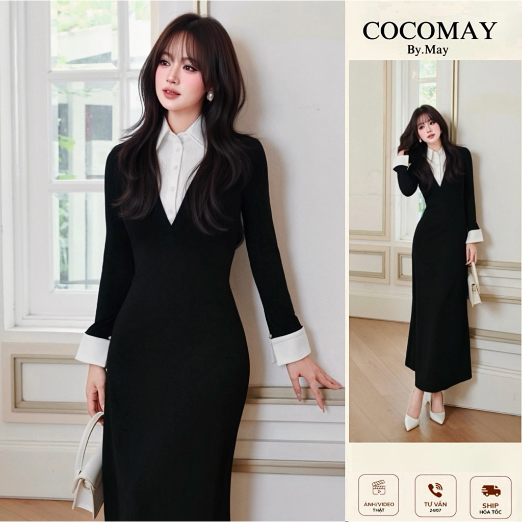 COCOMAY - Lady Noir Signature - Đầm THUN cổ sơ mi phối midi thanh lịch ...