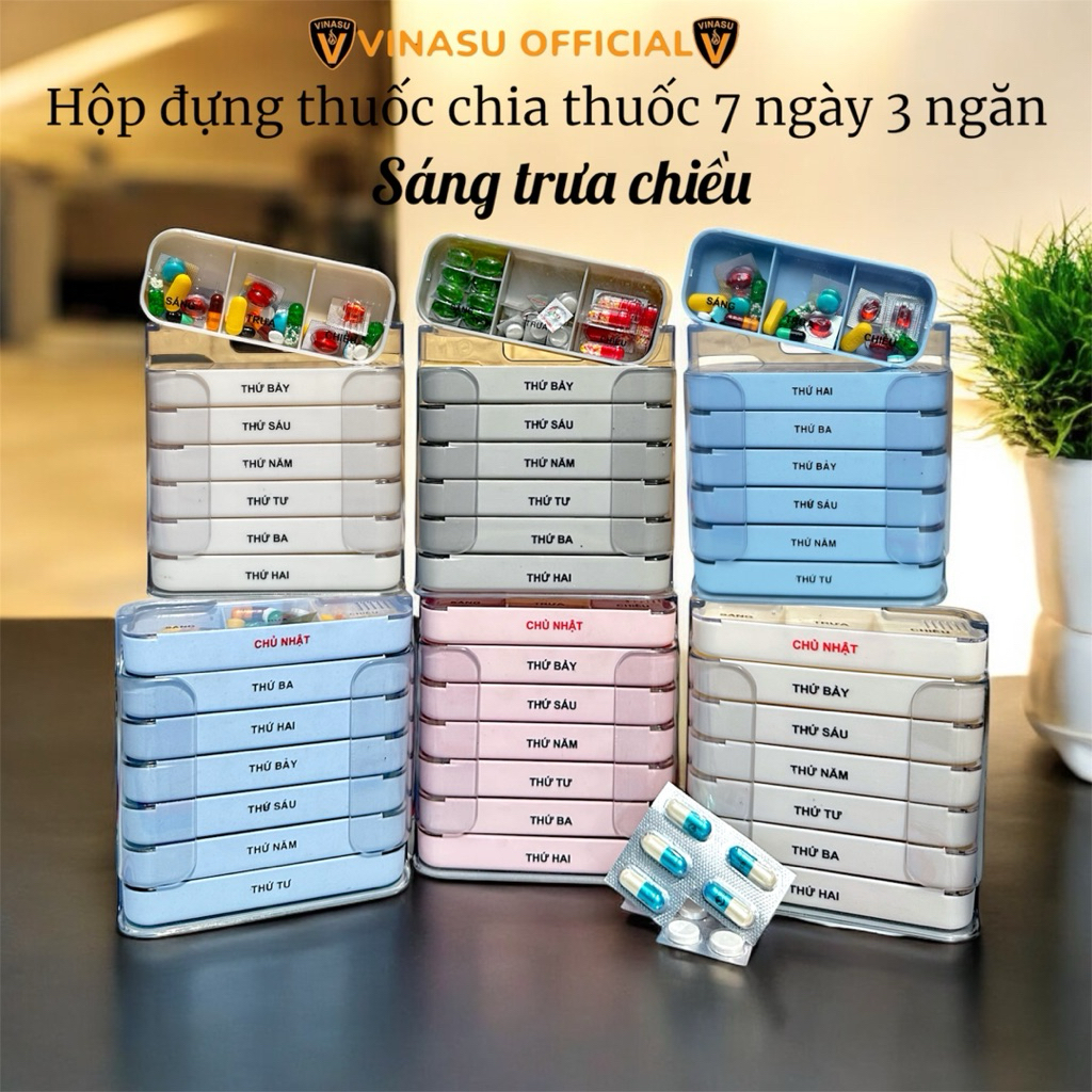 (tặng 1 khay) Hộp đựng thuốc , hộp chia thuốc 7 ngày 3 ngăn sáng trưa chiều Vinasu