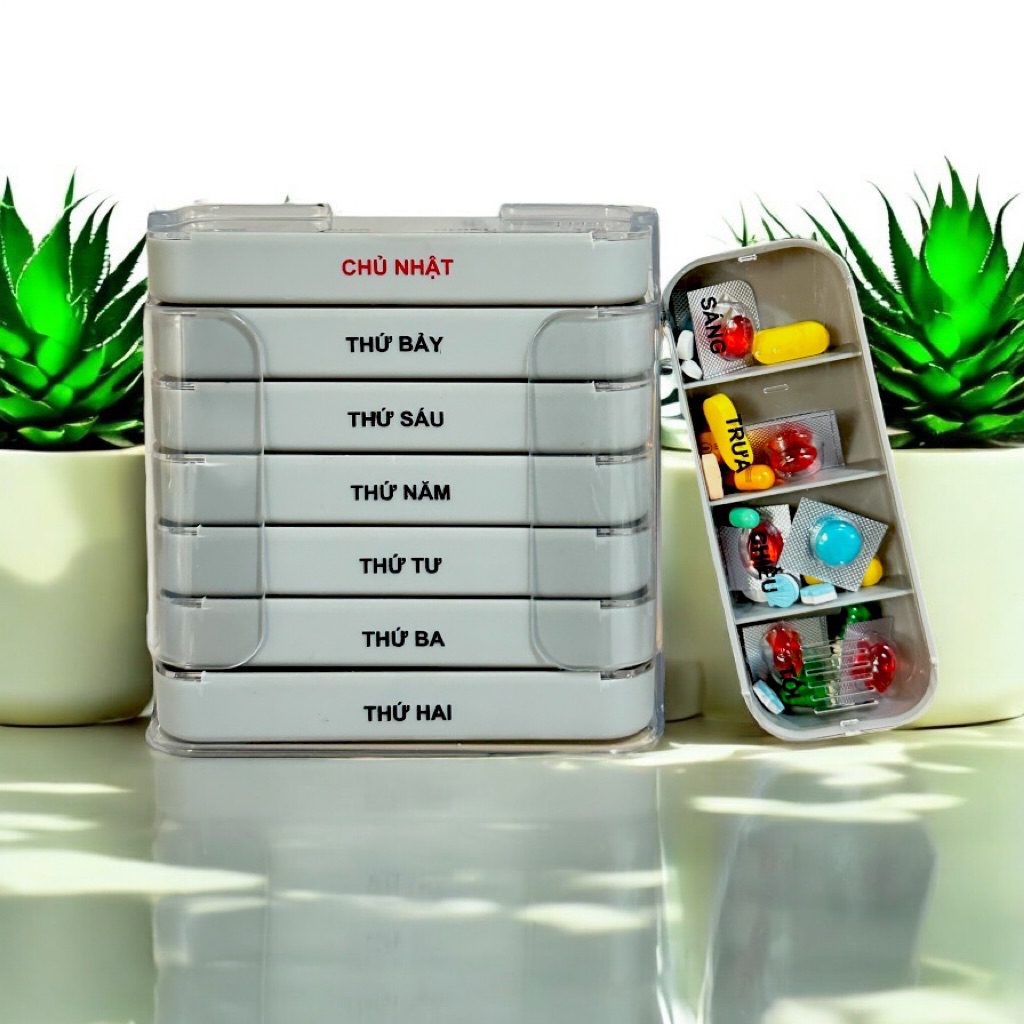 Hộp đựng thuốc chia thuốc 7 ngày ,hộp chia thuốc 4 ngăn sáng trưa chiều tối Vinasu VNS 275( TẶNG 1 KHAY)