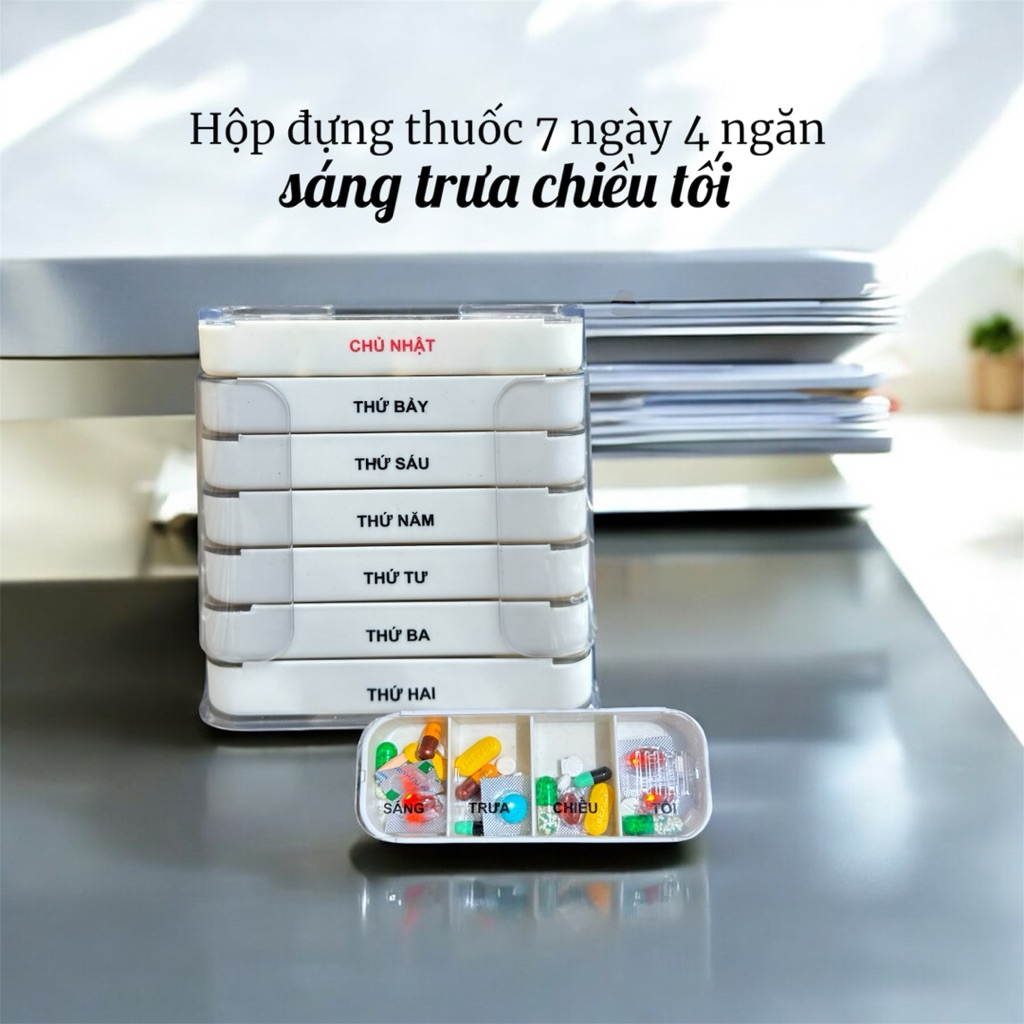 Hộp đựng thuốc chia thuốc 7 ngày ,hộp chia thuốc 4 ngăn sáng trưa chiều tối Vinasu VNS 275( TẶNG 1 KHAY)