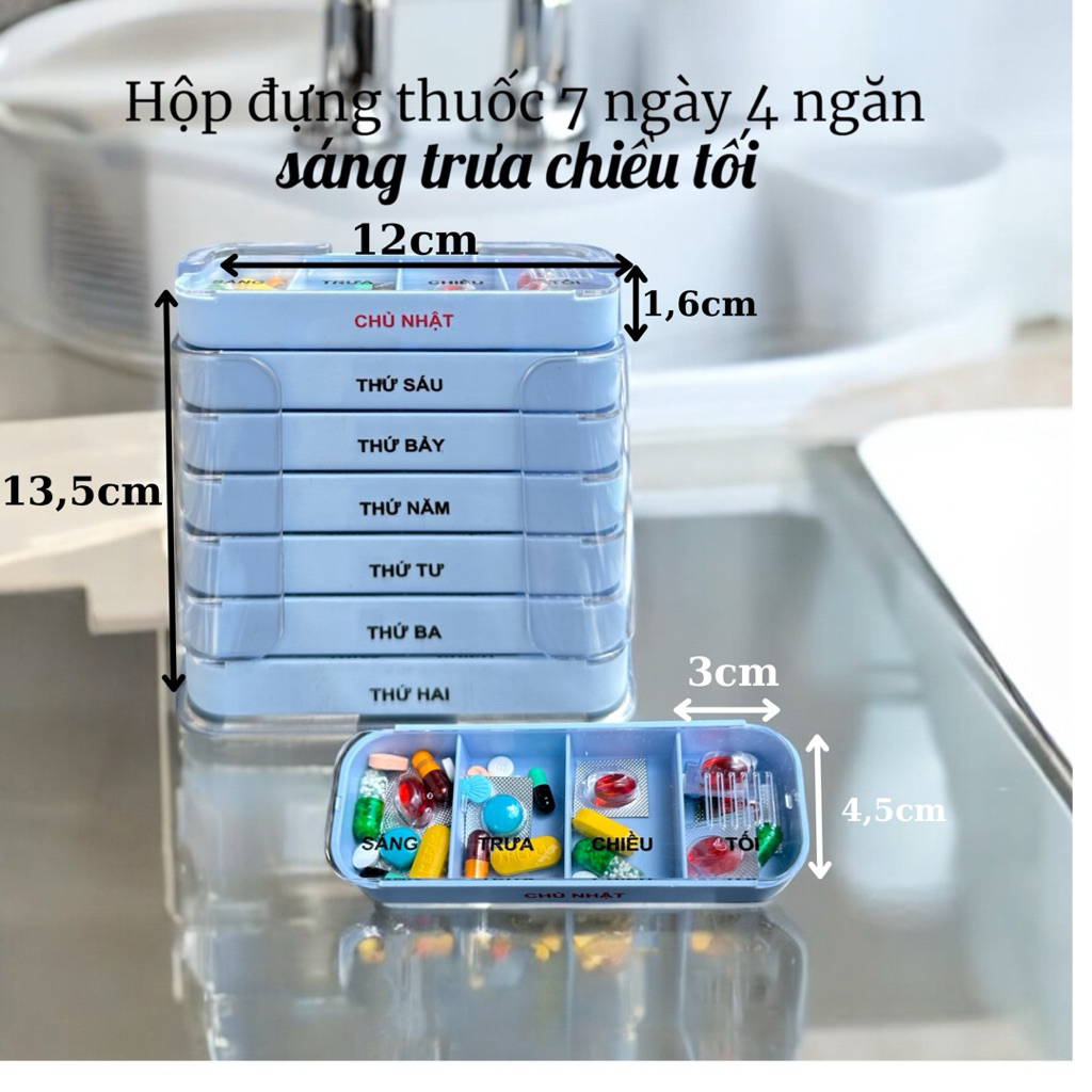 Hộp đựng thuốc chia thuốc 7 ngày ,hộp chia thuốc 4 ngăn sáng trưa chiều tối Vinasu VNS 275( TẶNG 1 KHAY)