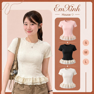 (EMXINH House) Áo Thun Cộc Tay Chất Tăm Lông Thỏ Mềm Phối Bèo Voan Gấu Áo Thời Trang Hàn Quốc Dễ Phối Đồ - A01 cộc