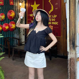 Áo babydoll ForgirlStudio áo kiểu trễ vai nữ ARI tay ngắn chất liệu voan tơ phối cúc dáng bồng T191