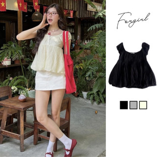 Áo babydoll ForgirlStudio áo kiểu trễ vai nữ ARI tay ngắn chất liệu voan tơ phối cúc dáng bồng T191