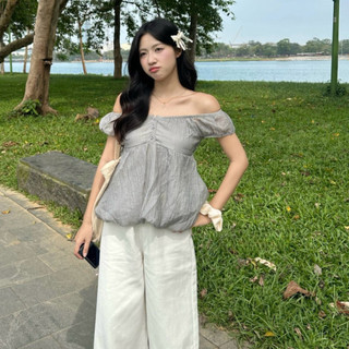 Áo babydoll ForgirlStudio áo kiểu trễ vai nữ ARI tay ngắn chất liệu voan tơ phối cúc dáng bồng T191