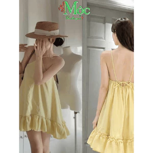 AXT_ Đầm váy ngắn, đầm yếm vàng chân bèo, dáng xoè kèm mút ngực và quần rời đi biểndu lịch mặc hè