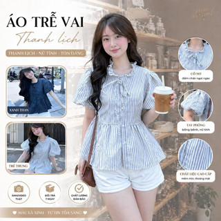 (DEAL MỞ BÁN) Áo Kiểu Nữ Sọc Nhí Cổ Bèo Thắt Nơ Tay Xòe Form Babydoll Freesize 2 Màu Thanh Lịch Dễ Phối - Áo Sơ Mi SM02