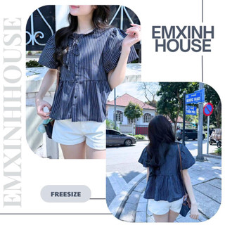 (DEAL MỞ BÁN) Áo Kiểu Nữ Sọc Nhí Cổ Bèo Thắt Nơ Tay Xòe Form Babydoll Freesize 2 Màu Thanh Lịch Dễ Phối - Áo Sơ Mi SM02