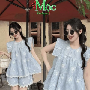 Set Đũi Hoa babydoll đi biển in phối Ren tiểu thư gồm áo tay bèo và quần short viền ren dễ thương