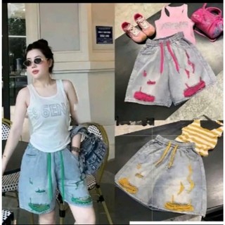 Hot 2026 Quần jeans short ngố pha màu cạp chun có bigsize năng động cá tính- Short Dây vàng