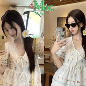 L_ Set váy ngắn, set hè dễ thương chất Kate áo form babydoll dây nơ thêu hoa xịn + váy ngắn có quần