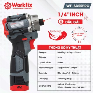 Máy Chuyên Vít WORKFIX WF-SD55PRO, Đầu Gài 1/4 inch Lực 55N, 20 Cấp Trượt, Ngậm Vít Nhanh