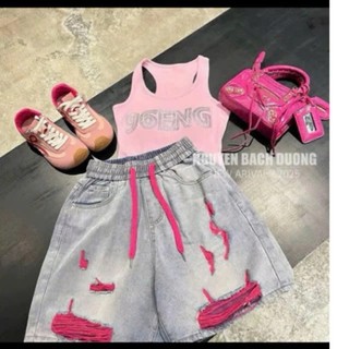Hot 2026 Quần jeans short ngố pha màu cạp chun có bigsize năng động cá tính- Short Dây vàng