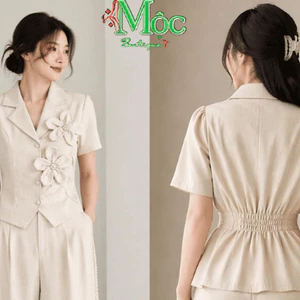 Set công sở áo cổ Vest đính hoa nổi 3D Tuyết mưa sang trọng phối quần Suông dài thanh lịch tôn dáng
