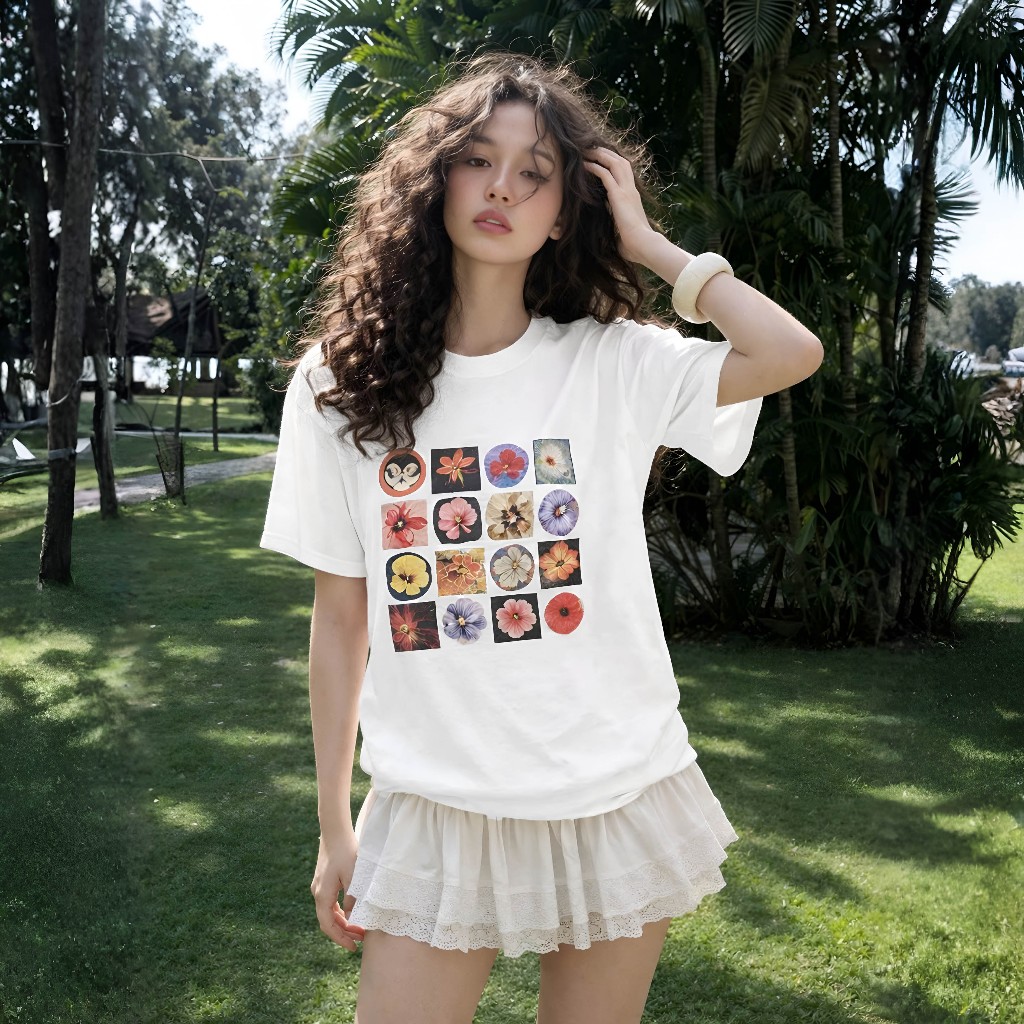 Áo Thun Boxi Ô Hoa Trắng Năng Động, Chất Cotton Mềm Mịn, Có Kèm Hình Thật.