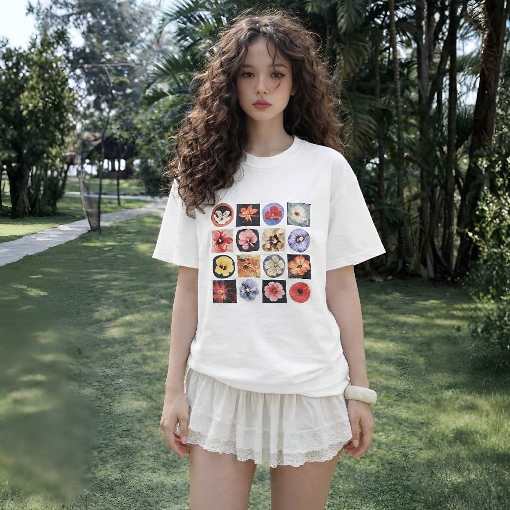 Áo Thun Boxi Ô Hoa Trắng Năng Động, Chất Cotton Mềm Mịn, Có Kèm Hình Thật.