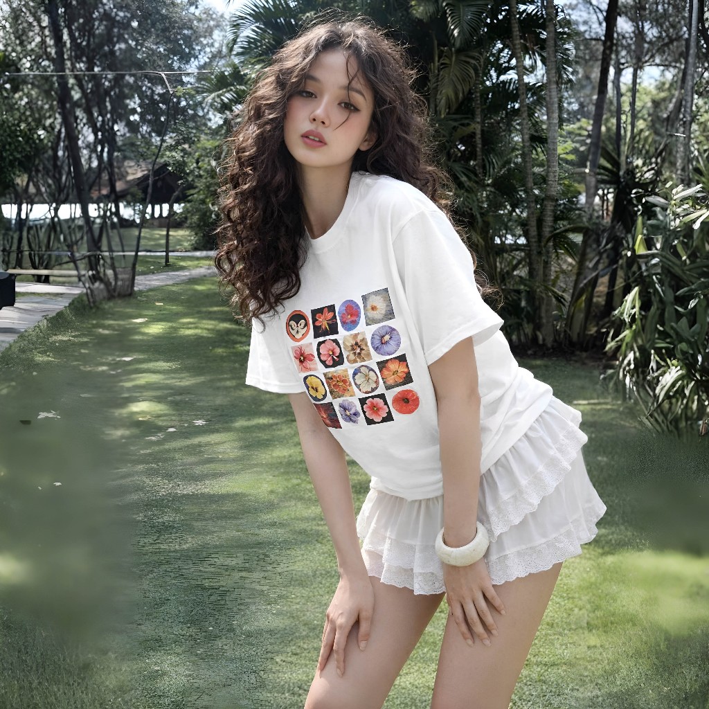 Áo Thun Boxi Ô Hoa Trắng Năng Động, Chất Cotton Mềm Mịn, Có Kèm Hình Thật.