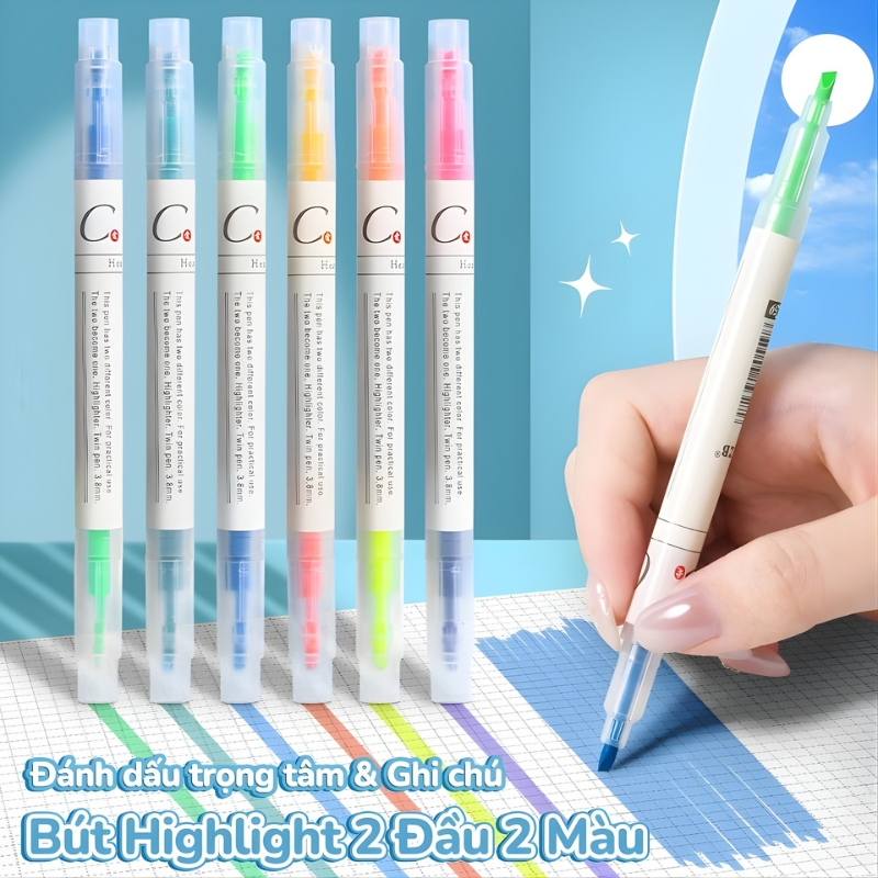 Bút Highlight 2 Đầu Dạ Quang – Bộ 6 Bút Nhớ Màu Pastel Tươi Sáng Viết Êm Đánh Dấu Cho Học Sinh