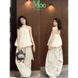 DX_Set công sở Dù Nhăn cao cấp áo yếm cổ Đổ phối quần suông rộng thanh lịch nhẹ nhàng mặc đi làm