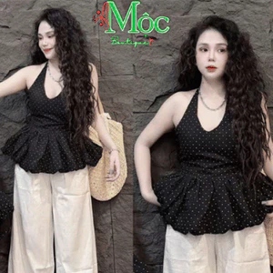 Set công sở, set mặc hè áo yếm Đũi chấm bi bồng có mút ngực kèm quần Đũi suông phối bèo