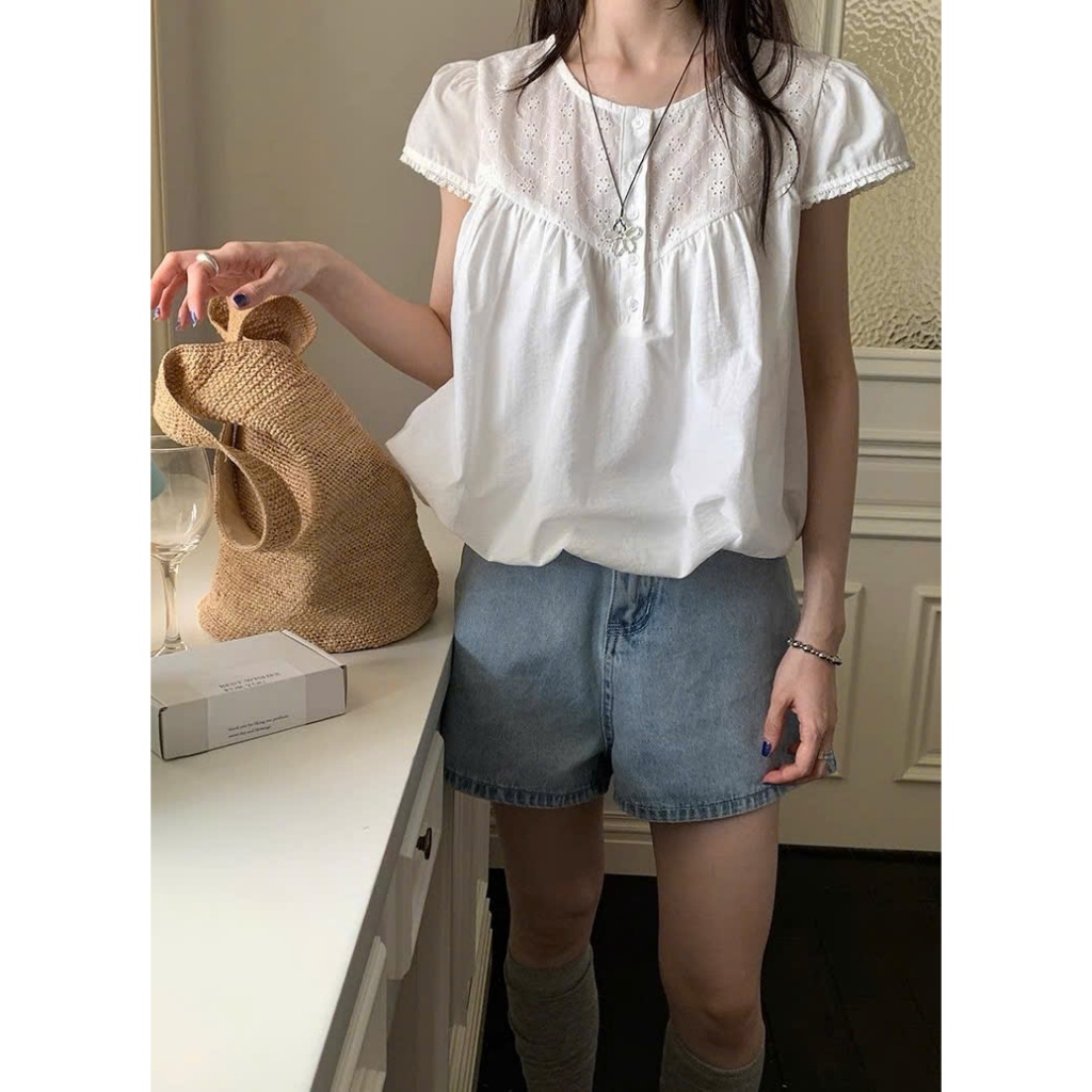 Áo babydoll phối ren khuy cổ 11255 A158