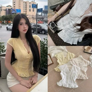 Áo ren tay hến cổ V chất thô boi thêu nơ có lót trong 31001 A157