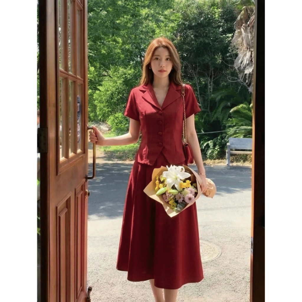 Set Chân Váy Xếp Li Dáng Dài - Áo Tay Ngắn Bigsize ESHOP Set Váy Dài Có Túi Áo Xinh Thiết Kế A395