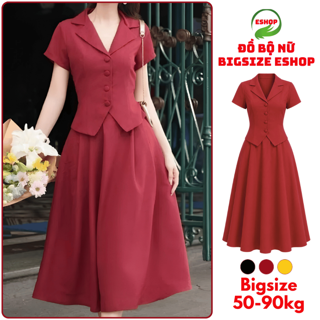 Set Chân Váy Xếp Li Dáng Dài - Áo Tay Ngắn Bigsize ESHOP Set Váy Dài Có Túi Áo Xinh Thiết Kế A395