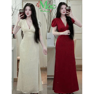 QC_Đầm váy dài, đầm Lụa Tô Châu mềm mại thiết kế ôm body cổ Vcó Smocking lưng thoải mái sang trọng