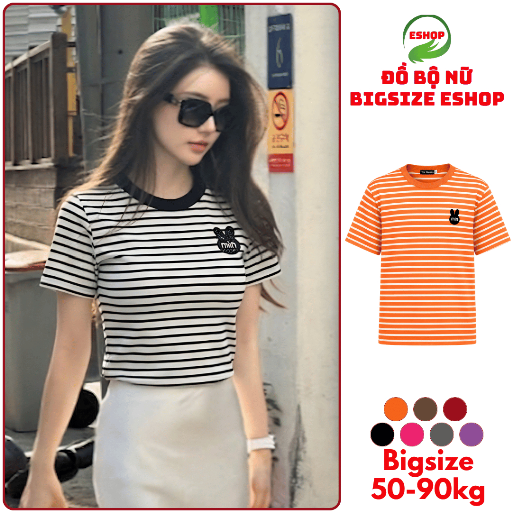 Áo Thun Nữ Cổ Tròn Tay Ngắn Kẻ Sọc Thêu Họa Tiết Thỏ MIN Trước Ngực Chất Cotton Mềm Mịn ESHOP MS285
