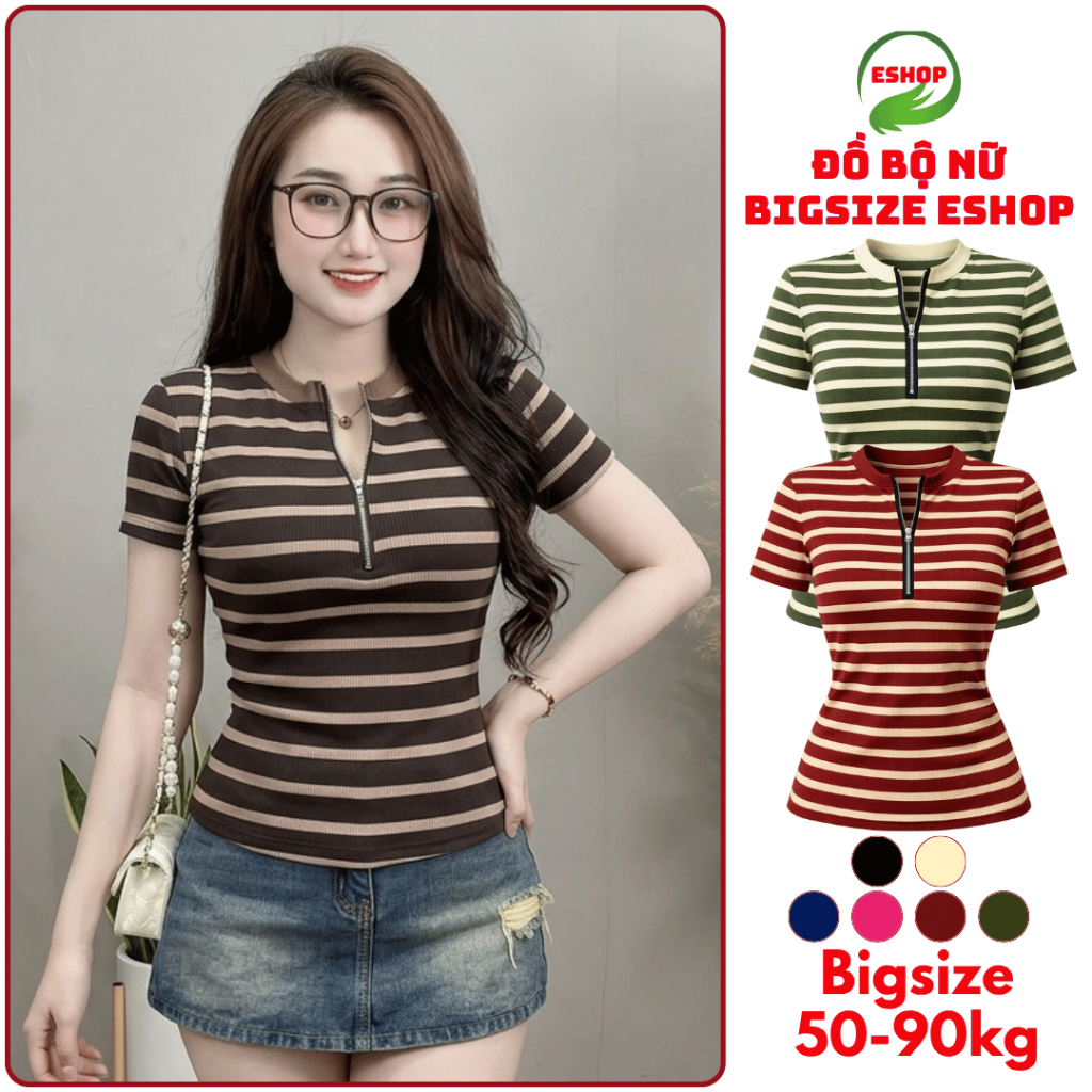 Áo Thun Nữ Bigsize Cổ Tròn Tay Ngắn Kẻ Sọc Thiết Kế Dây Khóa Kéo - Chất Cotton Mềm Mát ESHOP MS534