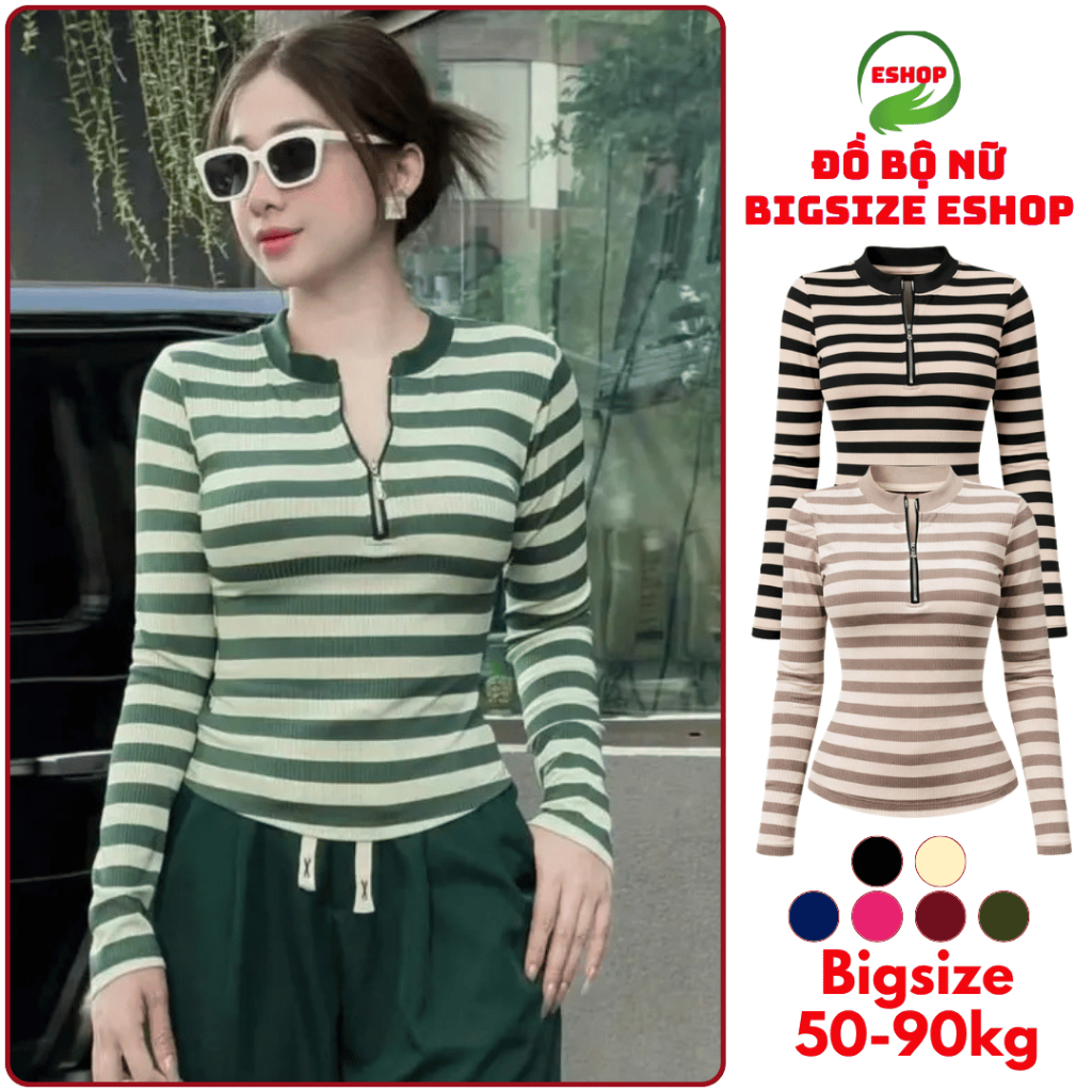 Áo Thun Nữ Sọc Khóa Kéo MS534TD ESHOP – Tay Dài Ôm Body, Thun Tăm Co Giãn Big Size 45kg-85kg
