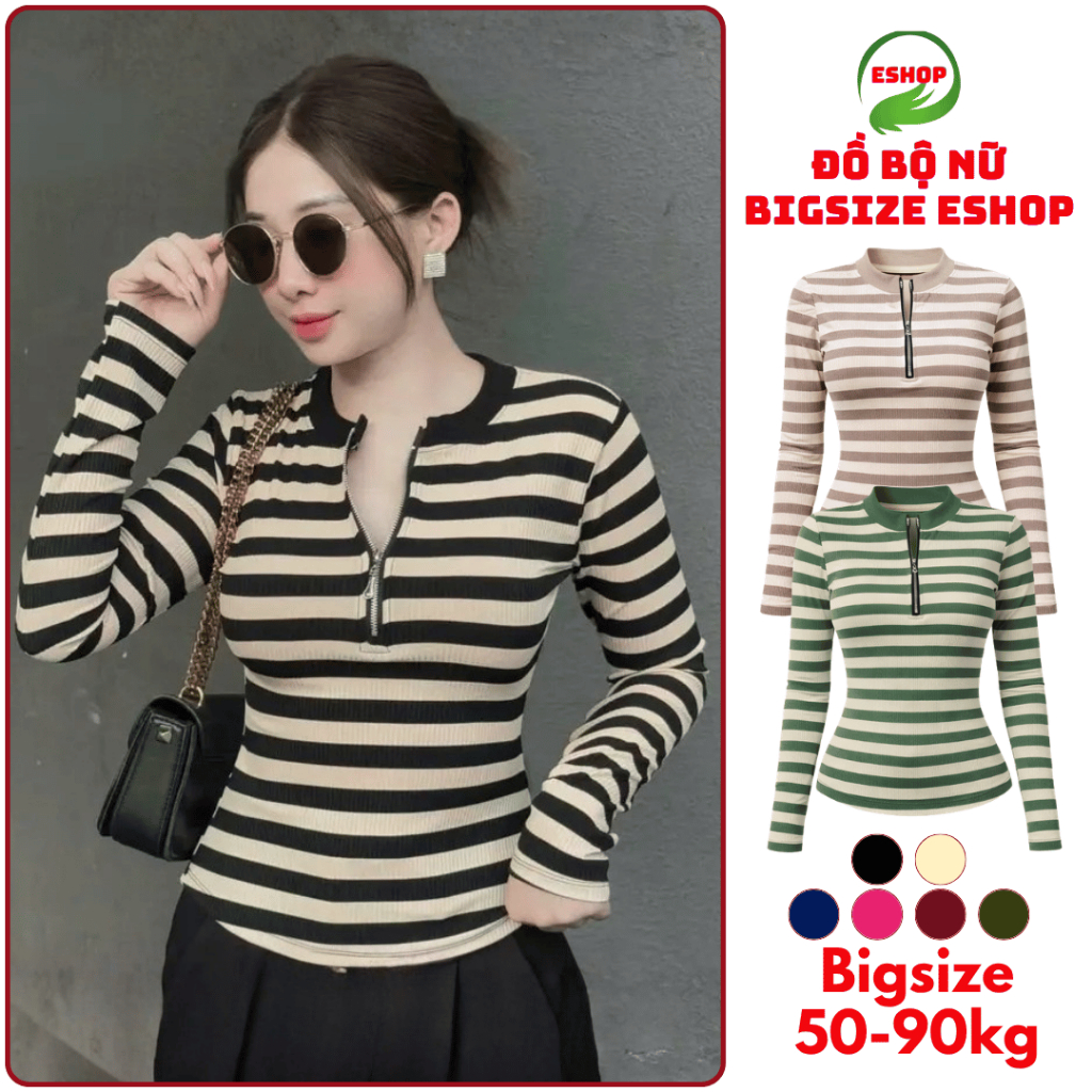 Áo Thun Nữ Tay Dài Dây Khóa Kéo Bᶖgsize 45-85kg ESHOP Áo Kiểu Cổ Trụ Thun Cotton Mềm Mịn MS534TD