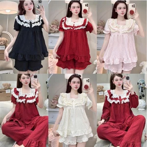 Bộ Đồ Ngủ Nữ JUSOKA Pijama Cổ Ren Phối Nơ Chất Đũi Siêu Dễ Thương Dành Cho Nữ DU05