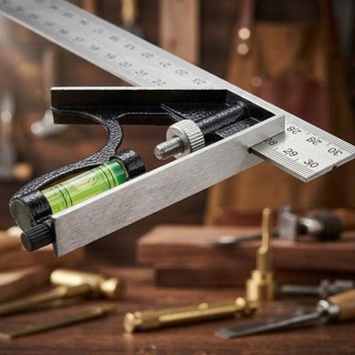 Thước Ke Vuông 90 Độ Đa Năng 300mm Có Nivo & Vít Khóa – Thước Góc Inox Chính Xác Dụng Cụ Mộc Cơ Khí