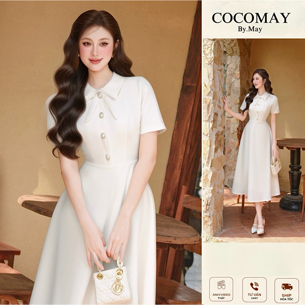 COCOMAY - Vanilla Ribbon Dress - Đầm tiểu thư nơ cổ xoè nhẹ màu kem ...