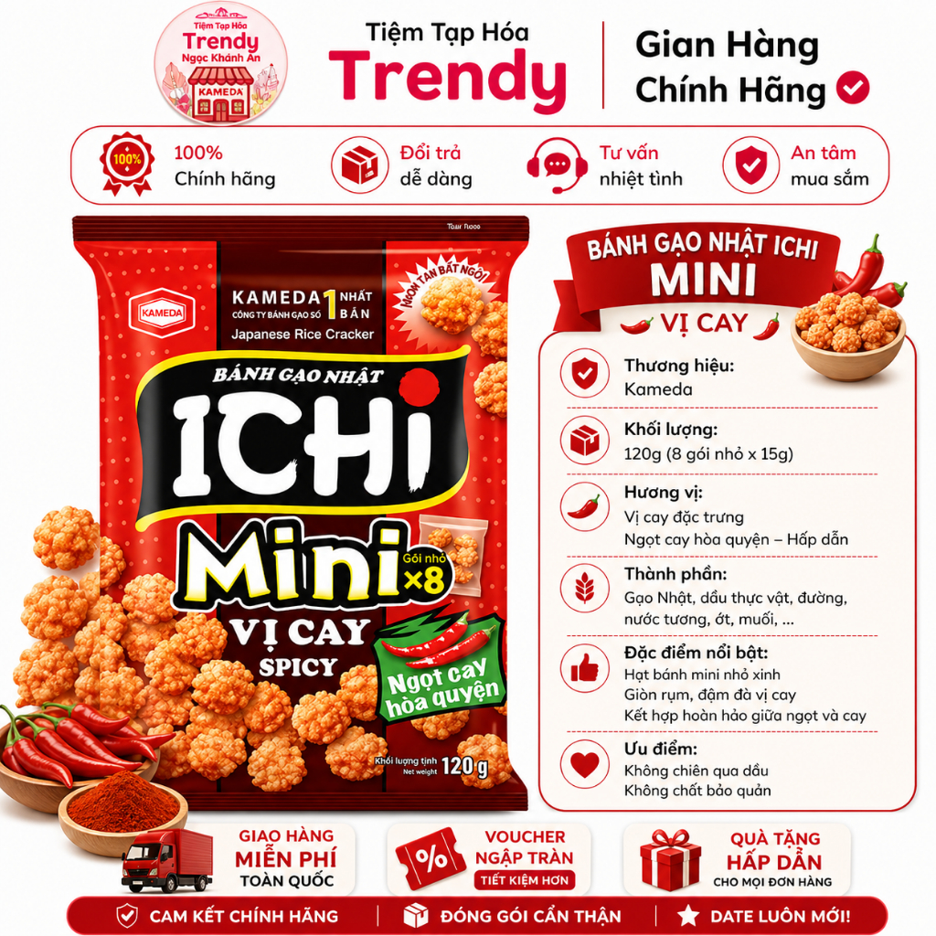 Combo 4 Gói Bánh Gạo Nhật Ichi Mini Vị Cay 120G - Giòn Ngon Khó Cưỡng